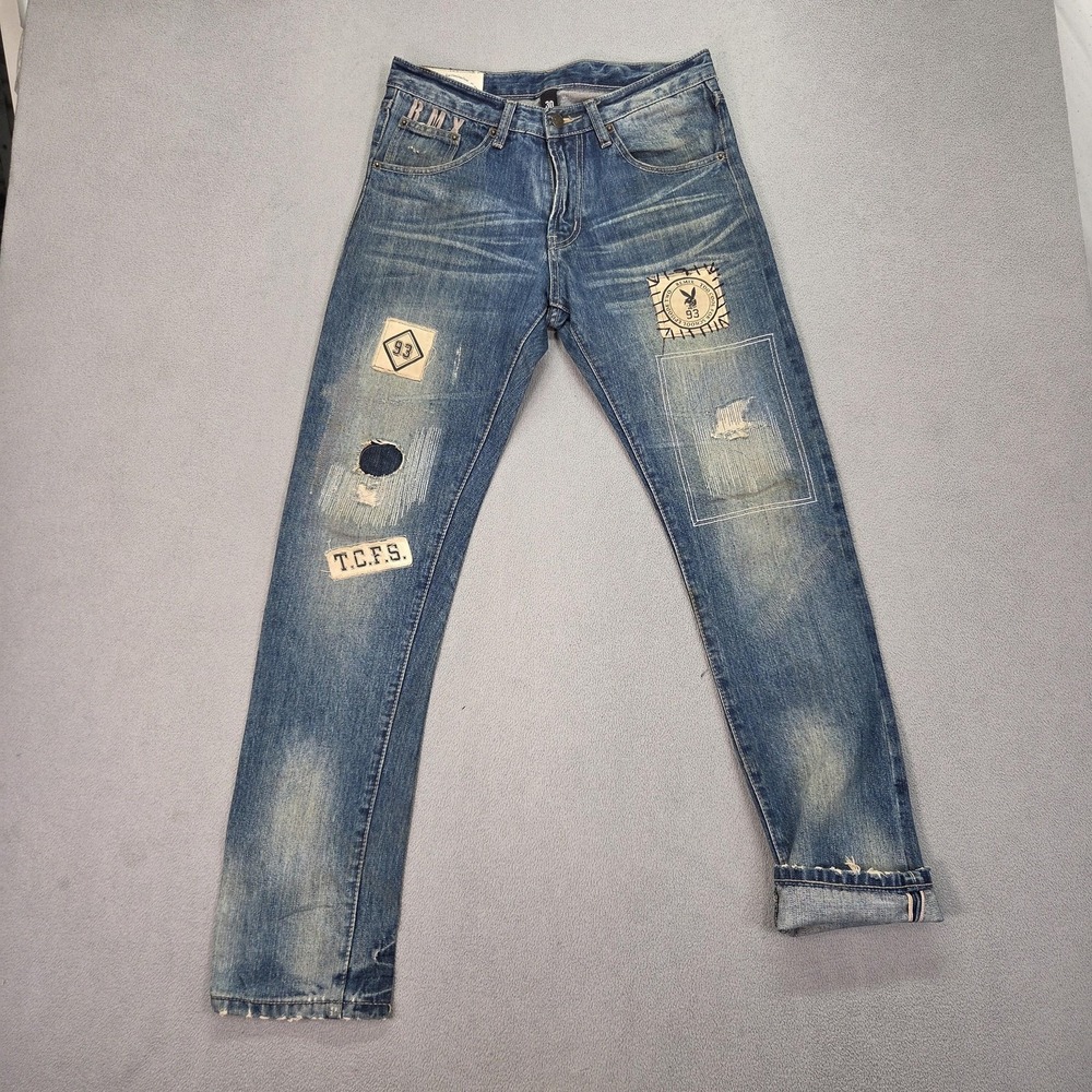 Remix Tapered Jeans Mens Blue Selvedge Raw Patchwork Denim Streetwear Fits 29x30